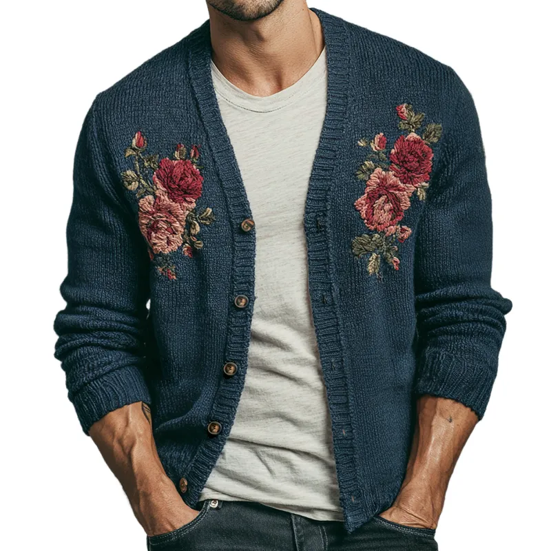 Men's Retro Casual Knitted Floral Embroidered Button Cardigan MTA2838K2TO sold by Manly