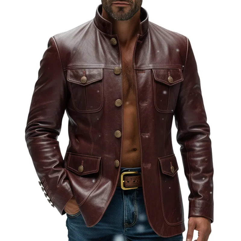 Men's Retro Casual PU Stand Collar Leather Jacket MTA2824K0TO sold by Manly