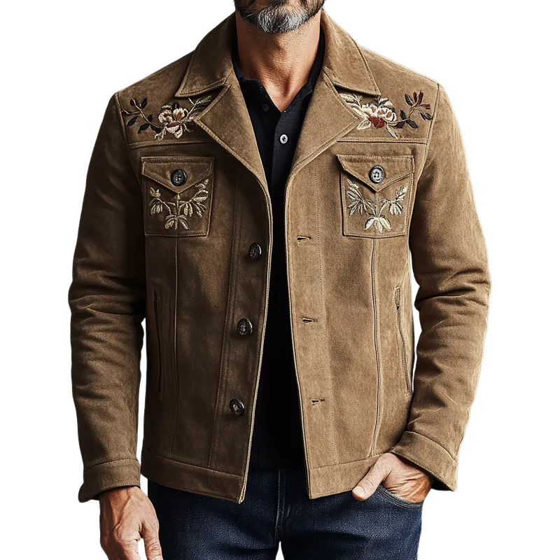 Men's Faux Suede Embroidered Lapel Button Jacket MTA2835K5X sold by Manly