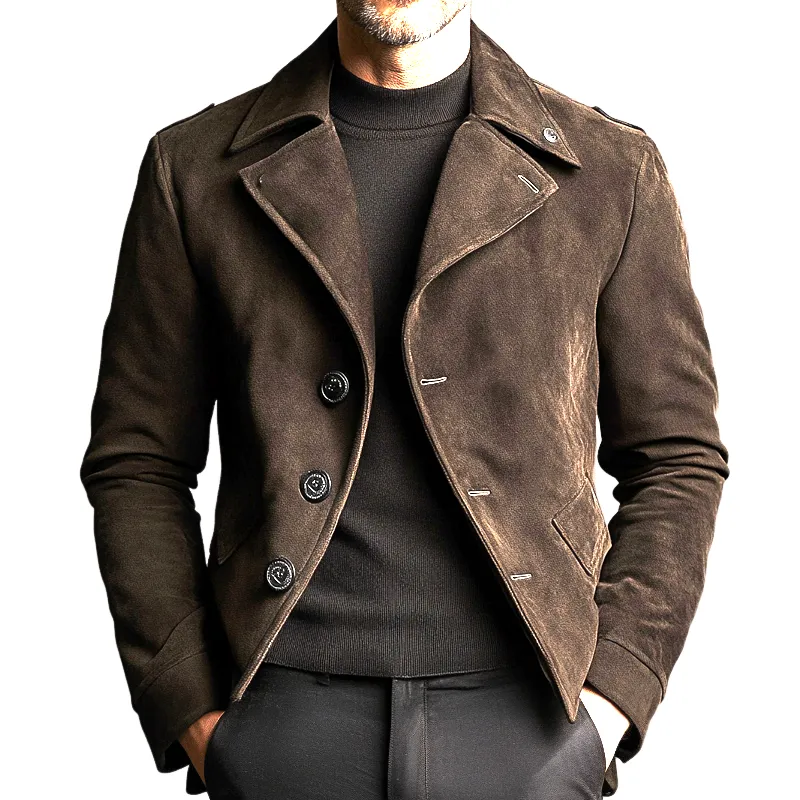 Men's Solid Color Faux Suede Lapel Button Jacket MTA2840K0X sold by Manly