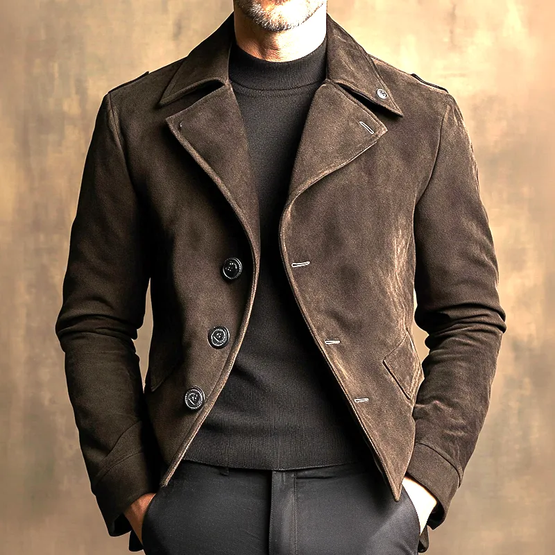 Men's Solid Color Faux Suede Lapel Button Jacket MTA2840K0X sold by Manly product image thumbnail 2