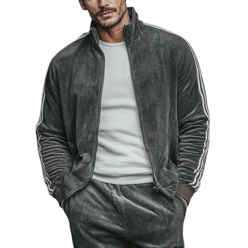 Men's Corduroy Striped Color Block Stand Collar Zip-Up Jacket MTA2995K0X sold by Manly