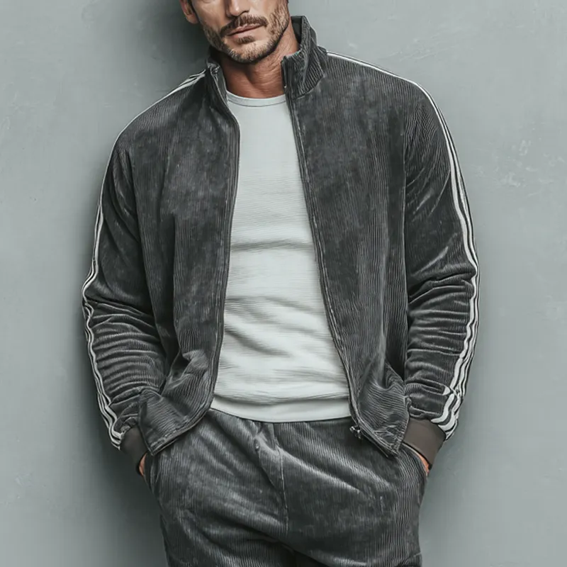 Men's Corduroy Striped Color Block Stand Collar Zip-Up Jacket MTA2995K0X sold by Manly product image thumbnail 2