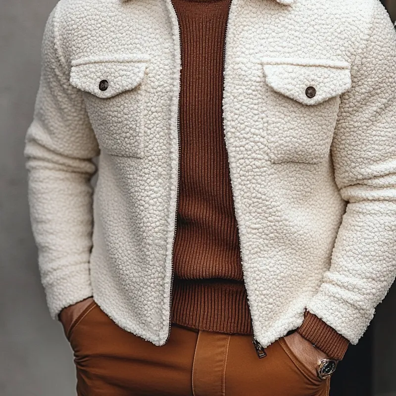 Men's Solid Color Fleece Lapel Button Jacket MTA2861K3X sold by Manly product image thumbnail 4