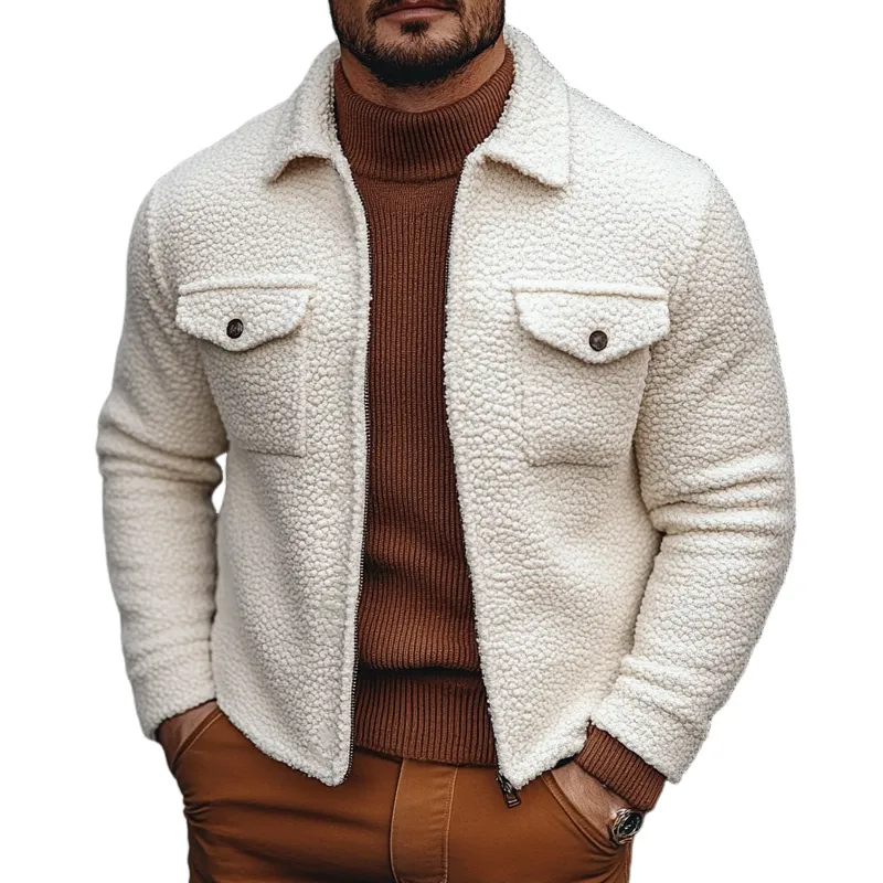 Men's Solid Color Fleece Lapel Button Jacket MTA2861K3X sold by Manly