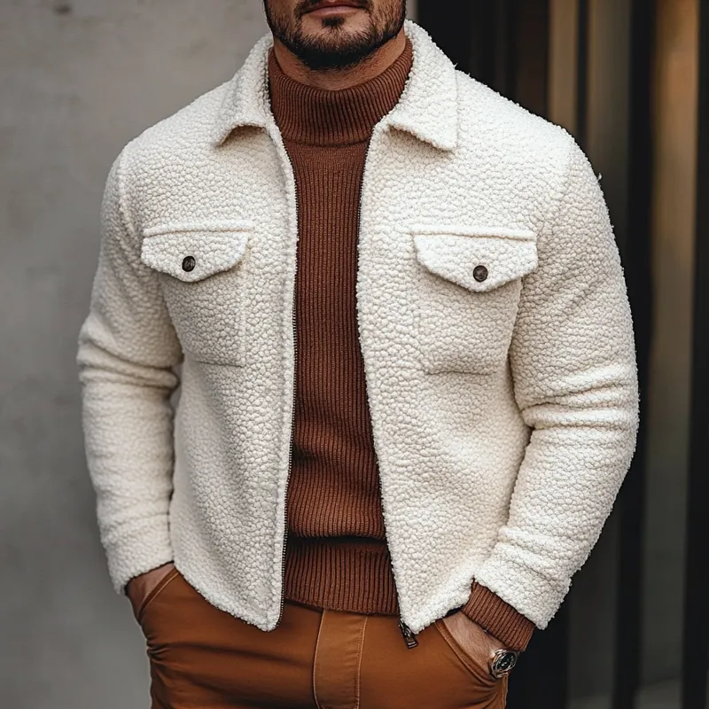 Men's Solid Color Fleece Lapel Button Jacket MTA2861K3X sold by Manly product image thumbnail 2