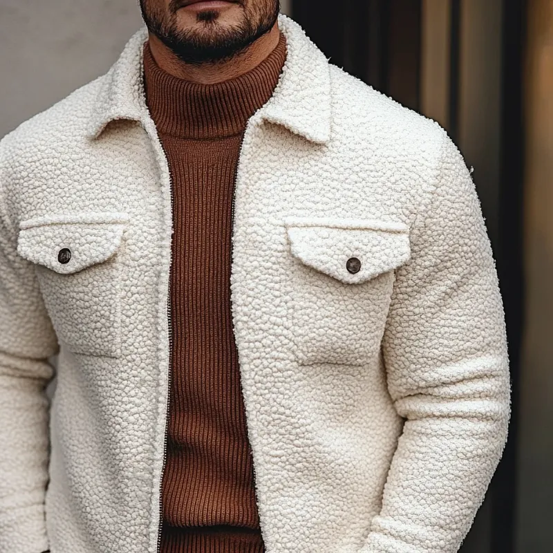 Men's Solid Color Fleece Lapel Button Jacket MTA2861K3X sold by Manly product image thumbnail 3