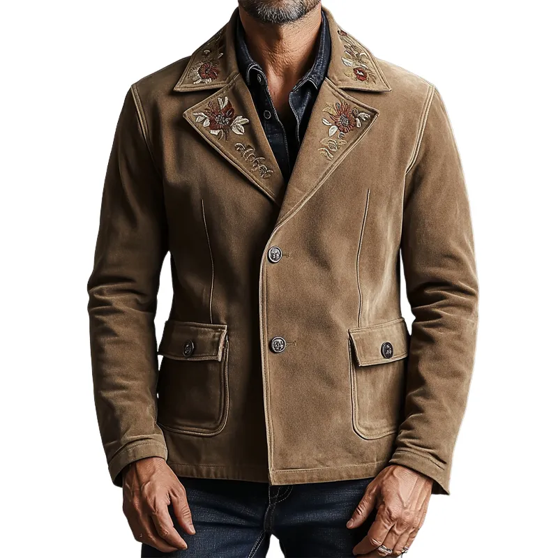 Men's Retro Embroidered Faux Suede Lapel Button Blazer  MTA2853K2X sold by Manly