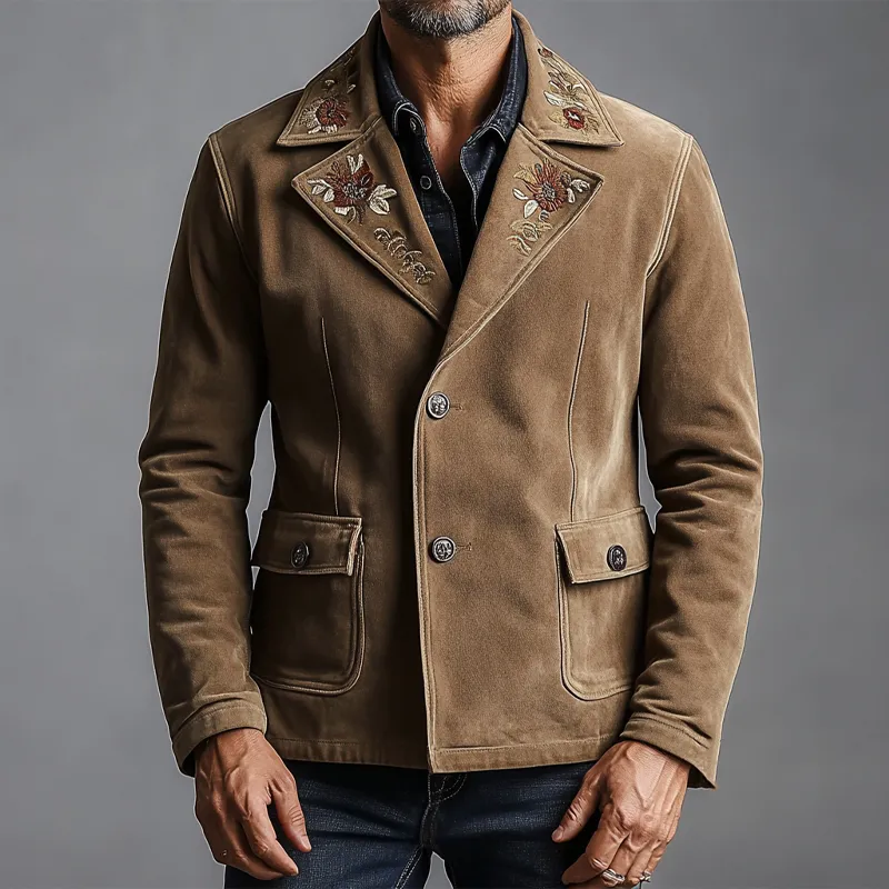 Men's Retro Embroidered Faux Suede Lapel Button Blazer MTA2853K2X sold by Manly product image thumbnail 2