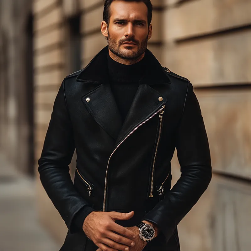 Men's Solid Color Slim Fit PU Zipper Motorcycle Jacket MTA2864K7X sold by Manly product image thumbnail 5