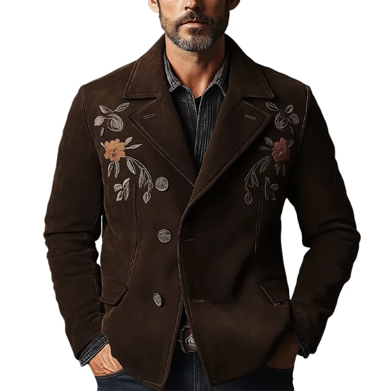 Men's Retro Faux Suede Embroidered Lapel Blazer MTA2884K7X sold by Manly