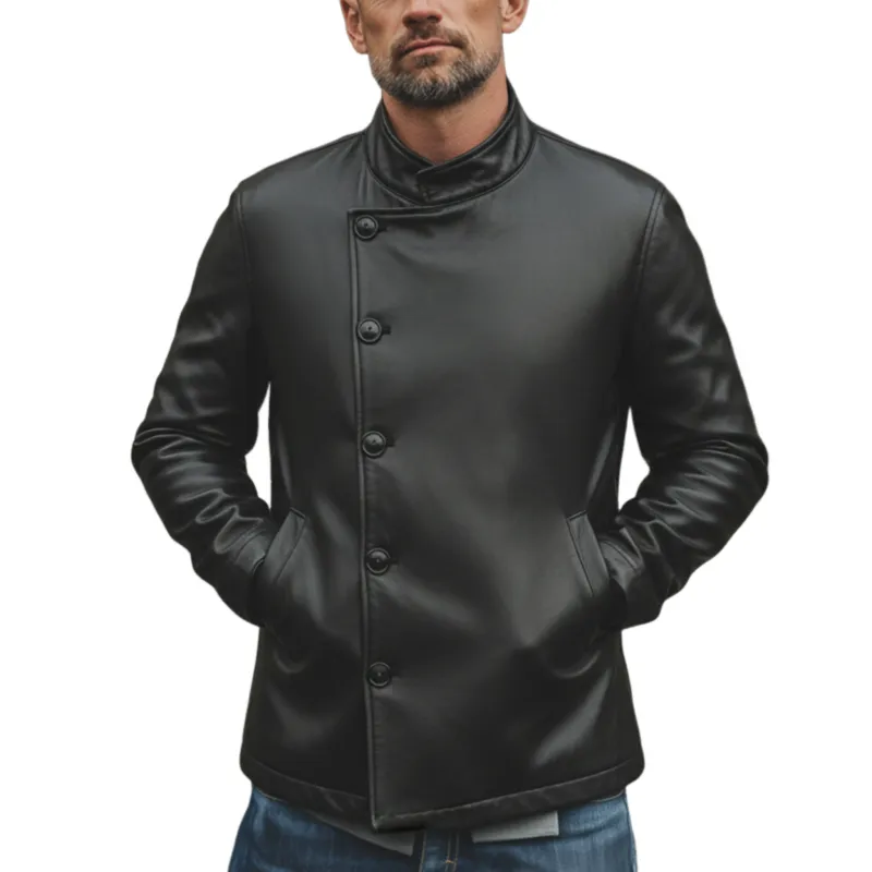 Men's Classic Retro Stand Collar PU Leather Jacket MTA2890K6K sold by Manly