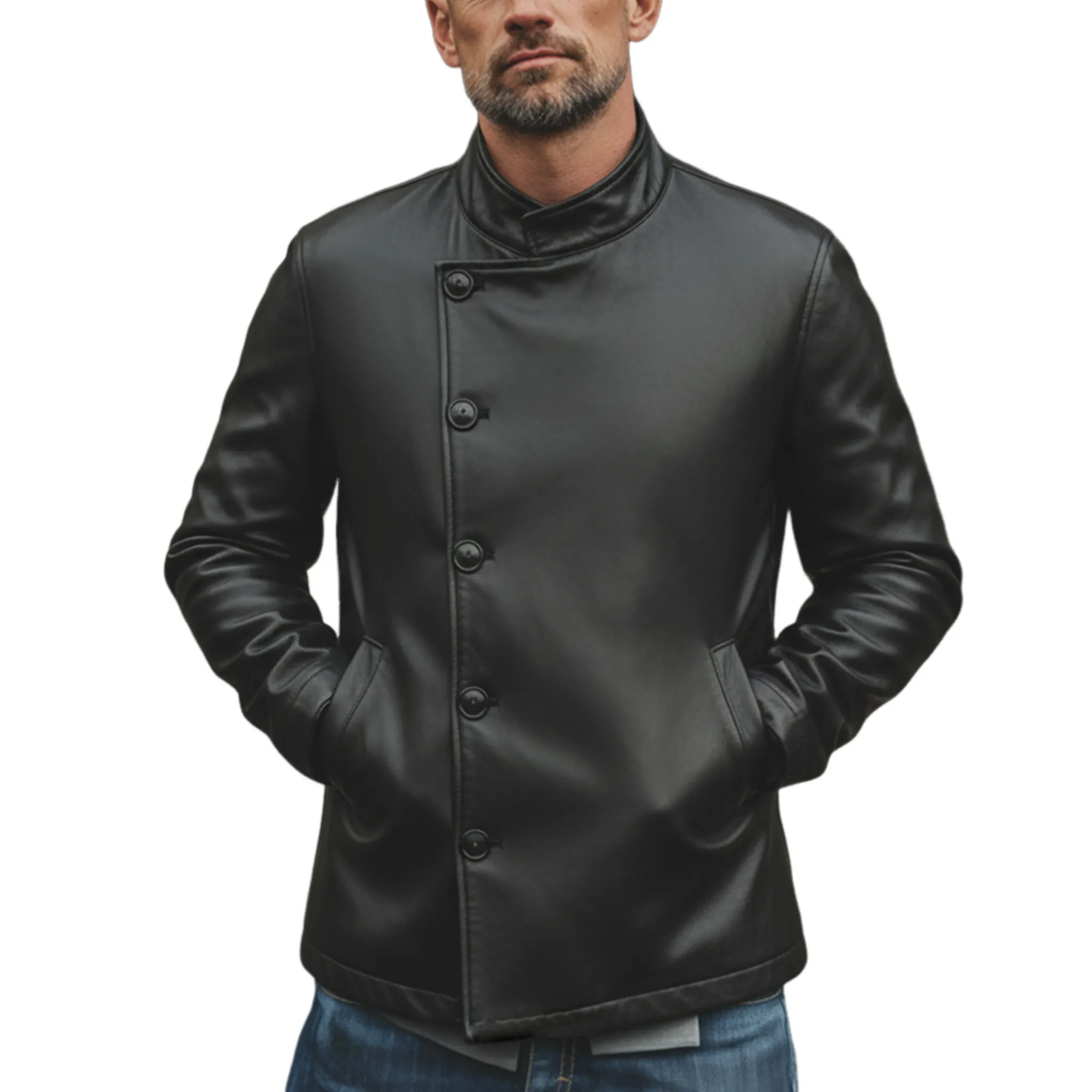 Men's Classic Retro Stand Collar PU Leather Jacket MTA2890K6K sold by Manly