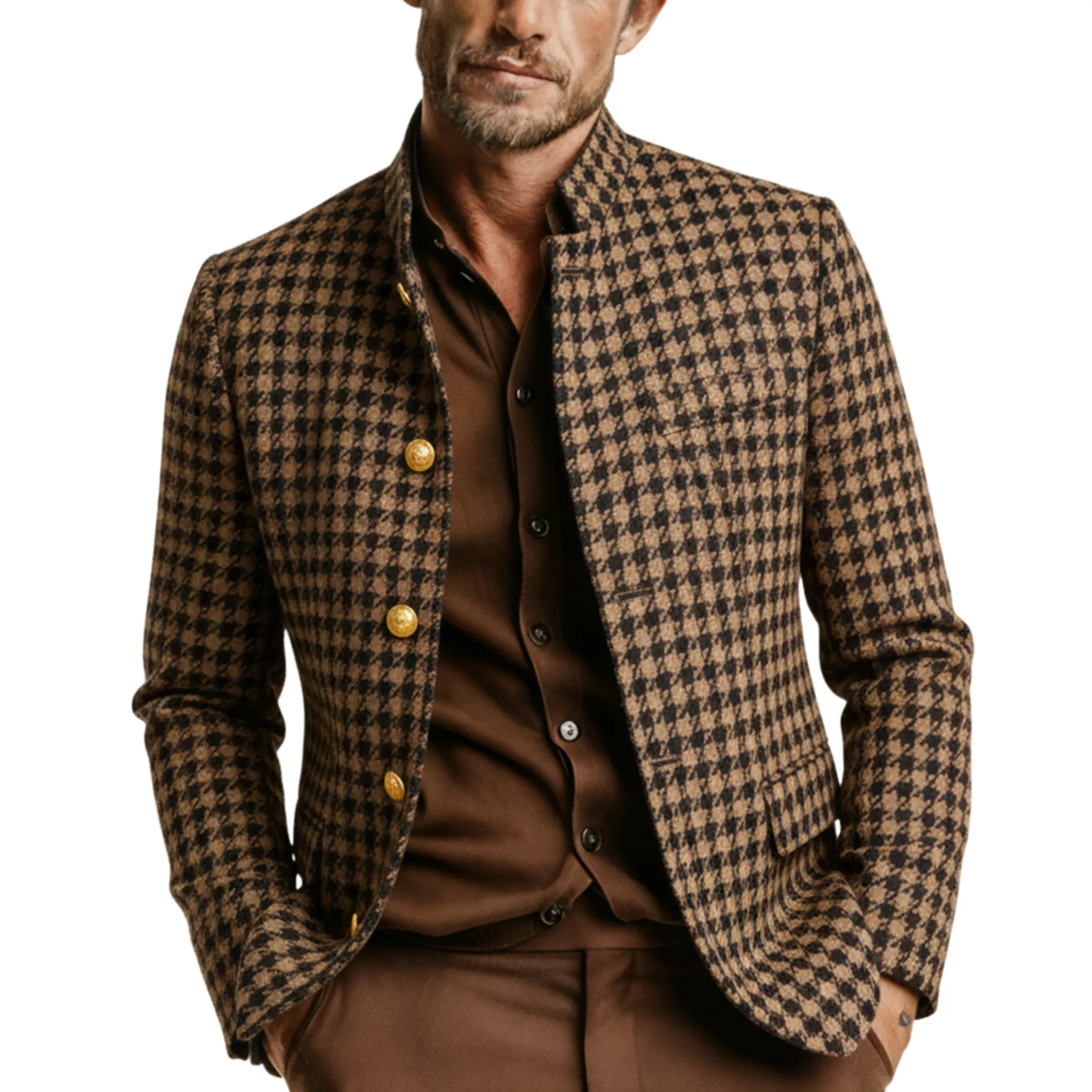 Men's Classic Retro Stand-up Collar Houndstooth Wool Jacket MTA2807K3K sold by Manly