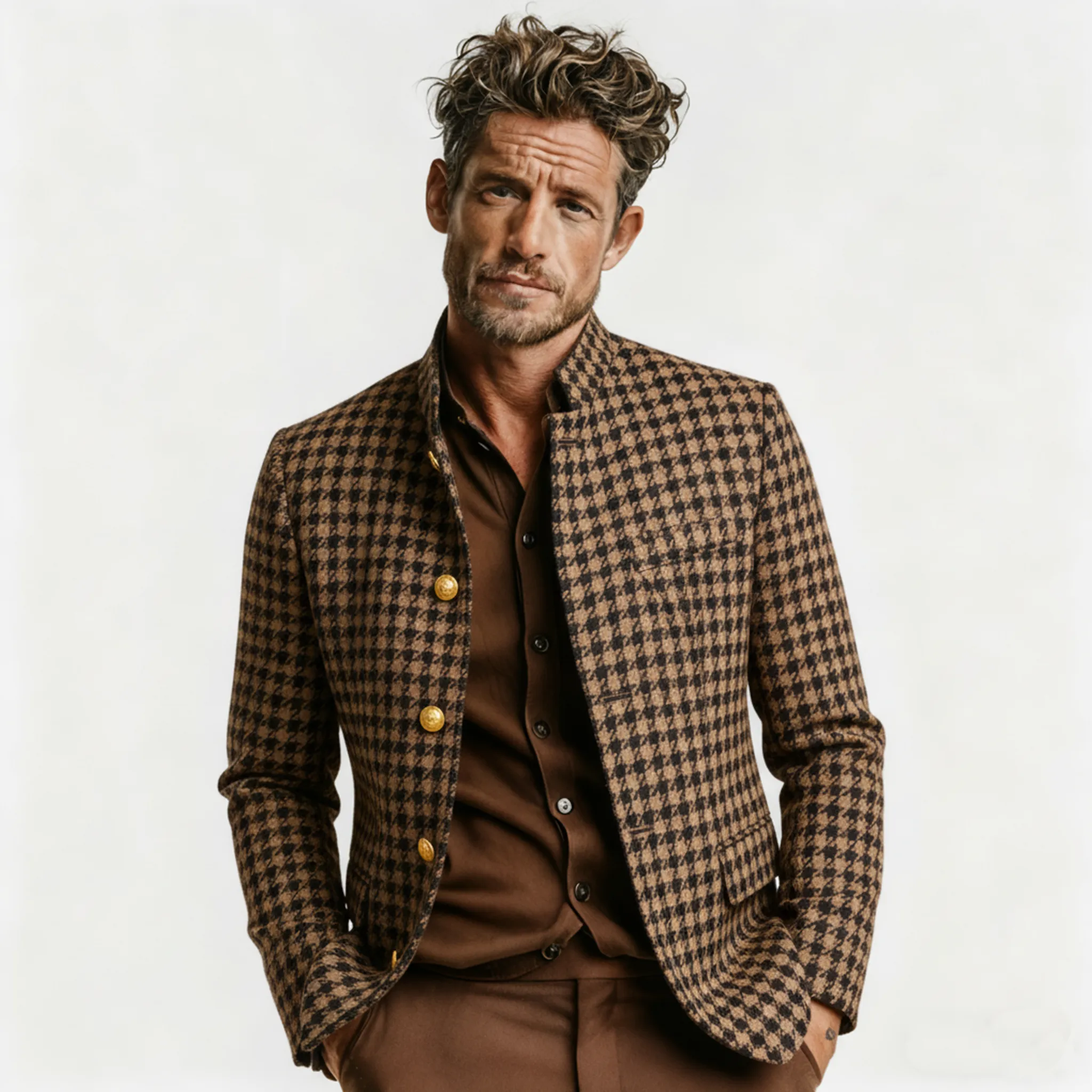 Men's Classic Retro Stand-up Collar Houndstooth Wool Jacket MTA2807K3K sold by Manly product image thumbnail 2