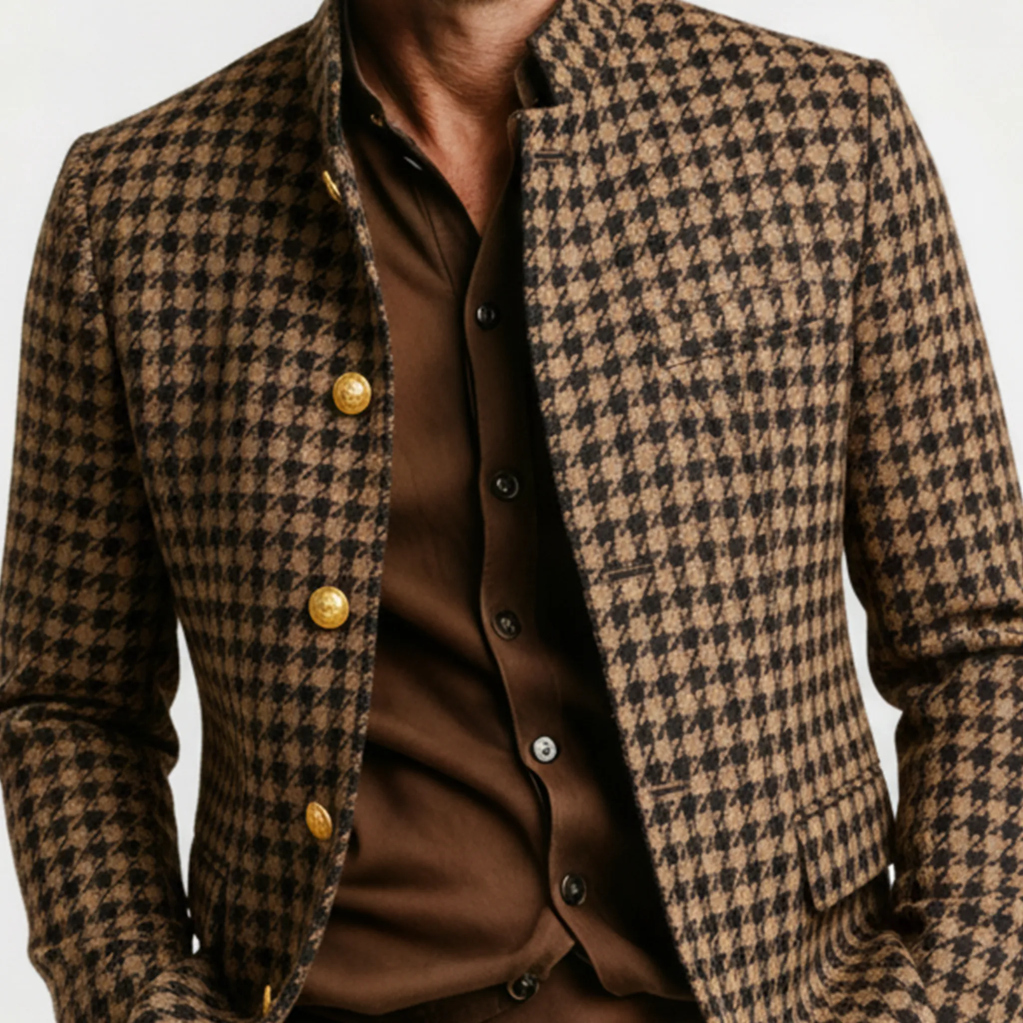 Men's Classic Retro Stand-up Collar Houndstooth Wool Jacket MTA2807K3K sold by Manly product image thumbnail 4