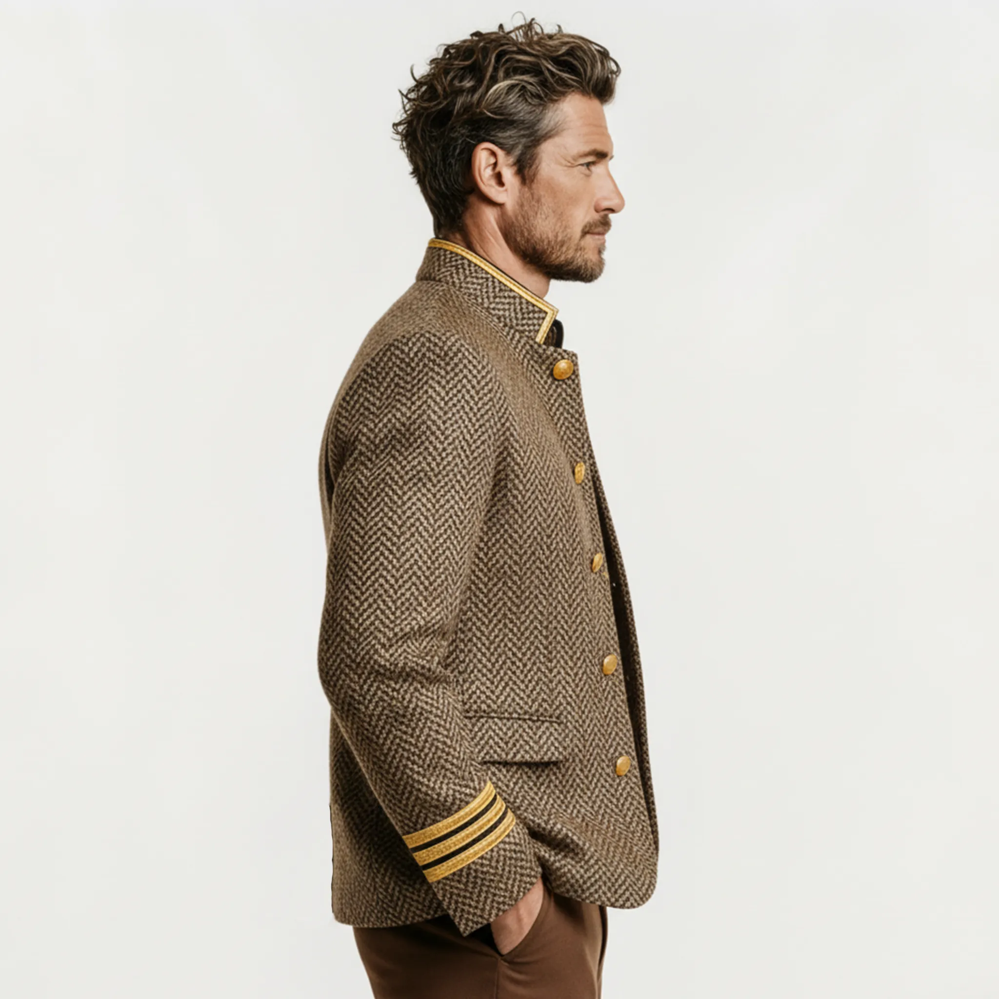 Men's Classic Retro Stand-up Collar Herringbone Wool Jacket MTA2886K4K sold by Manly product image thumbnail 3