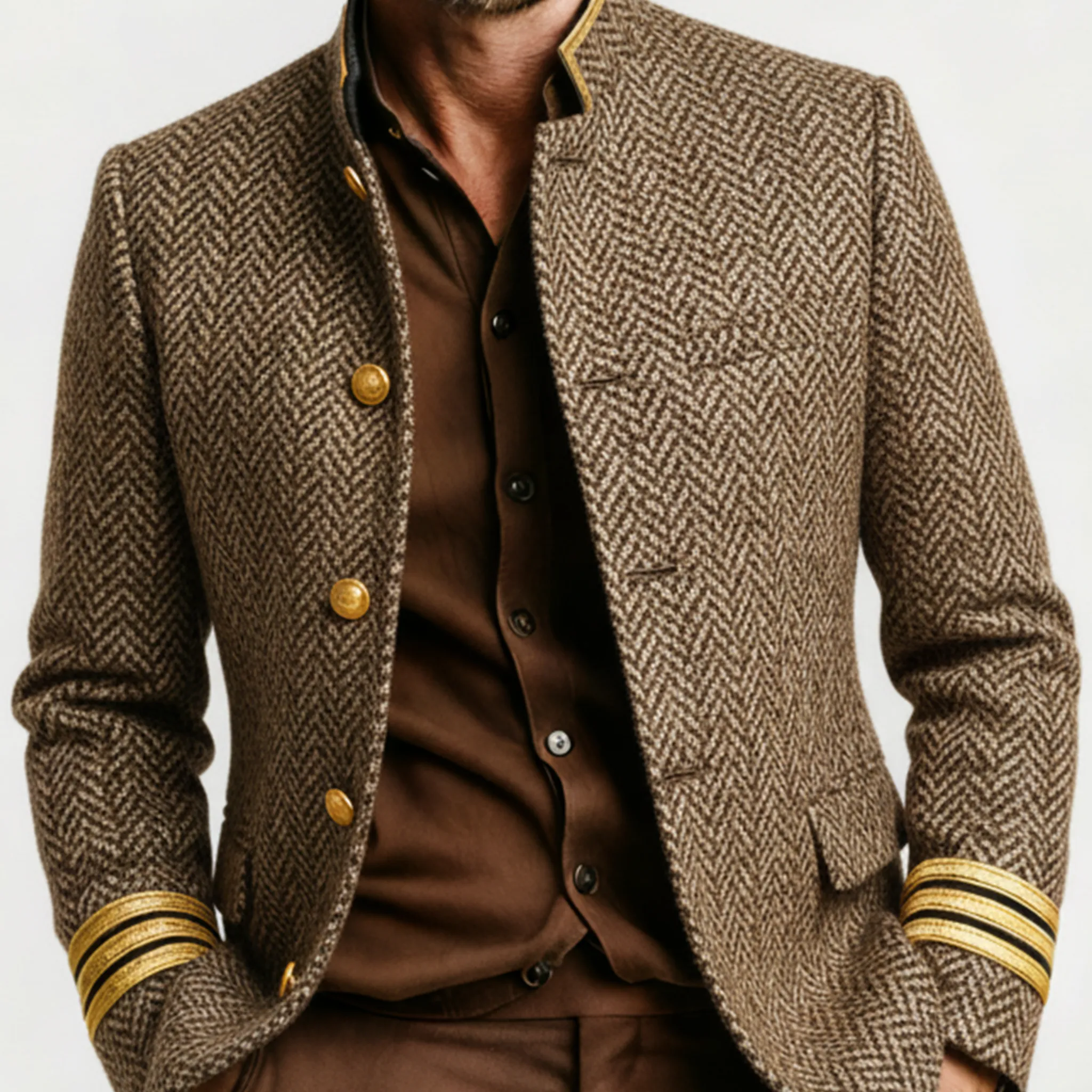 Men's Classic Retro Stand-up Collar Herringbone Wool Jacket MTA2886K4K sold by Manly product image thumbnail 5