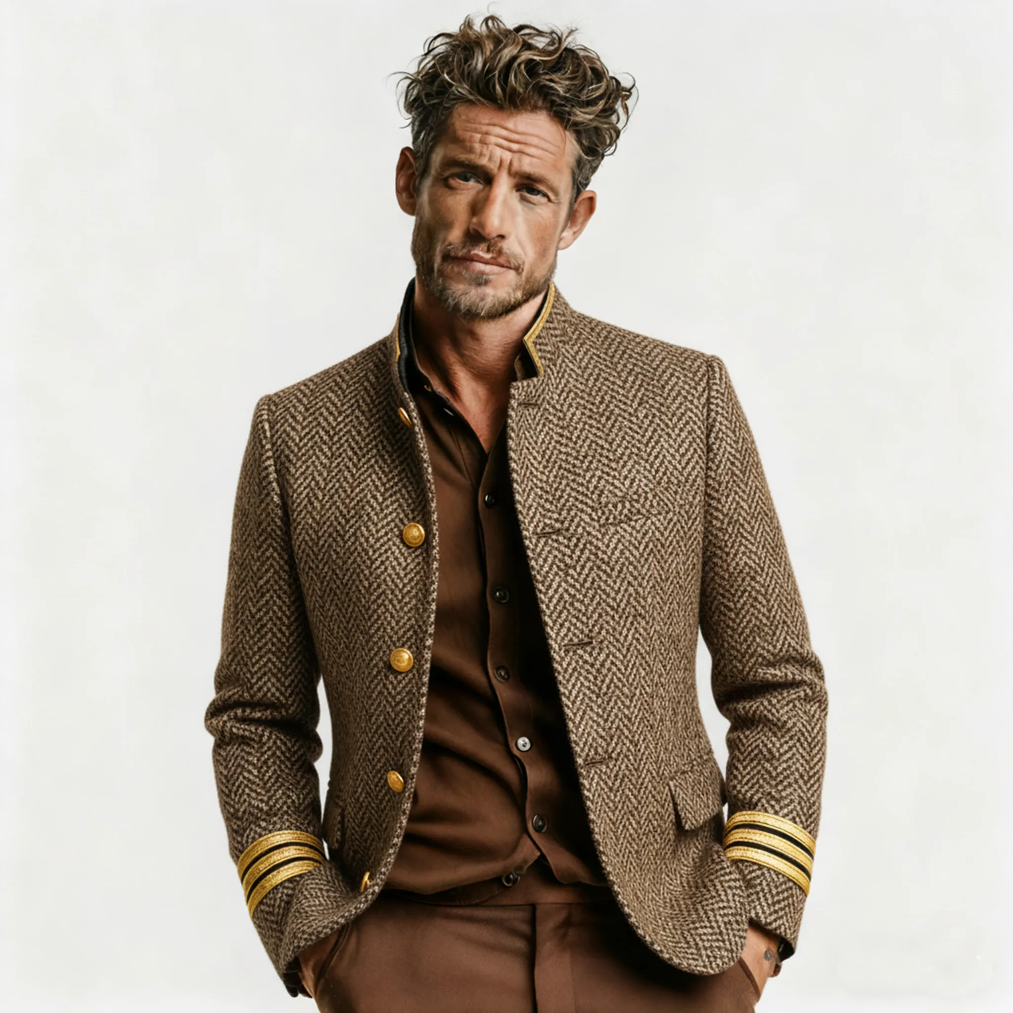 Men's Classic Retro Stand-up Collar Herringbone Wool Jacket MTA2886K4K sold by Manly product image thumbnail 2