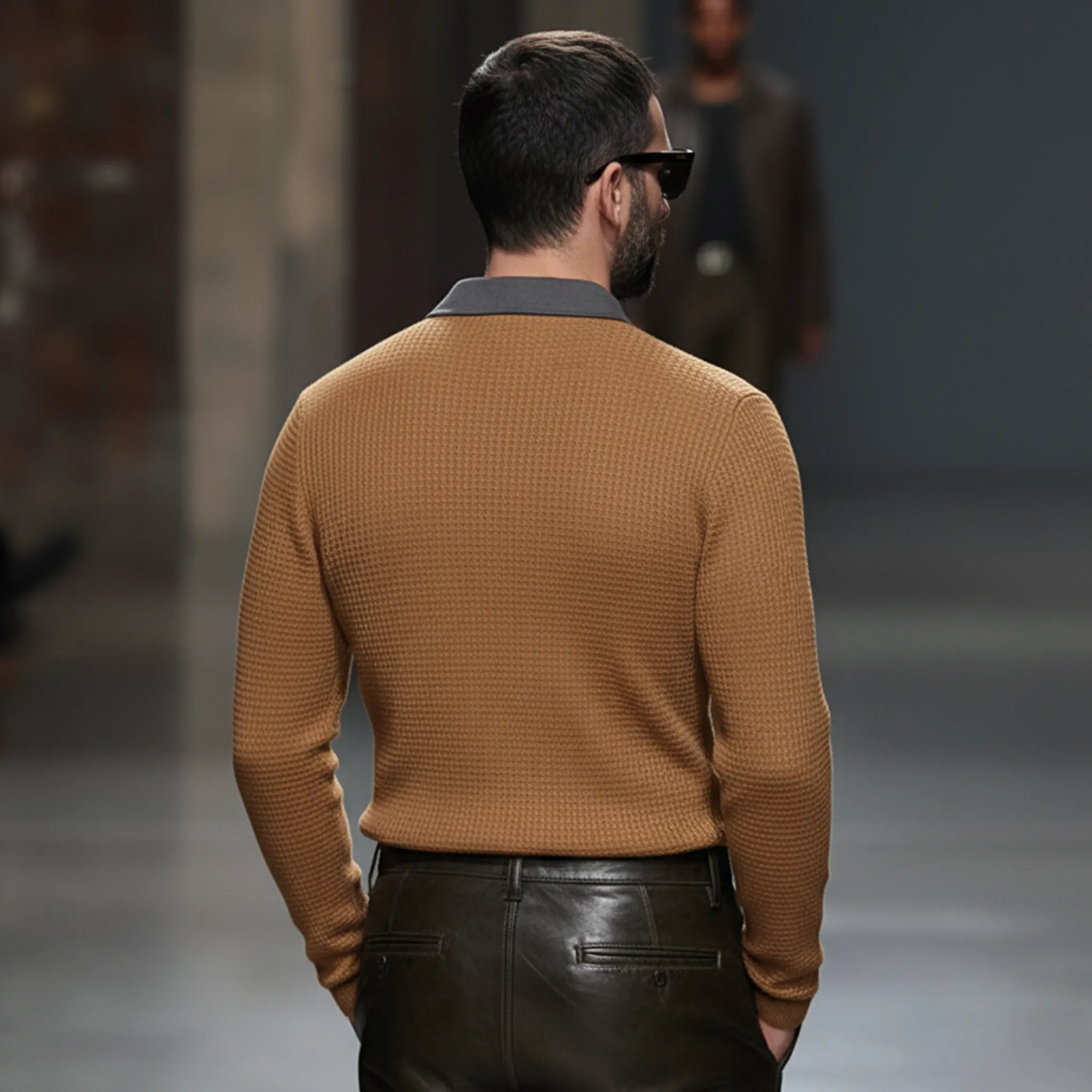 Men's Classic Casual Suede Collar And Waffle Long-sleeved Polo Shirt MTA2878K9K sold by Manly product image thumbnail 4