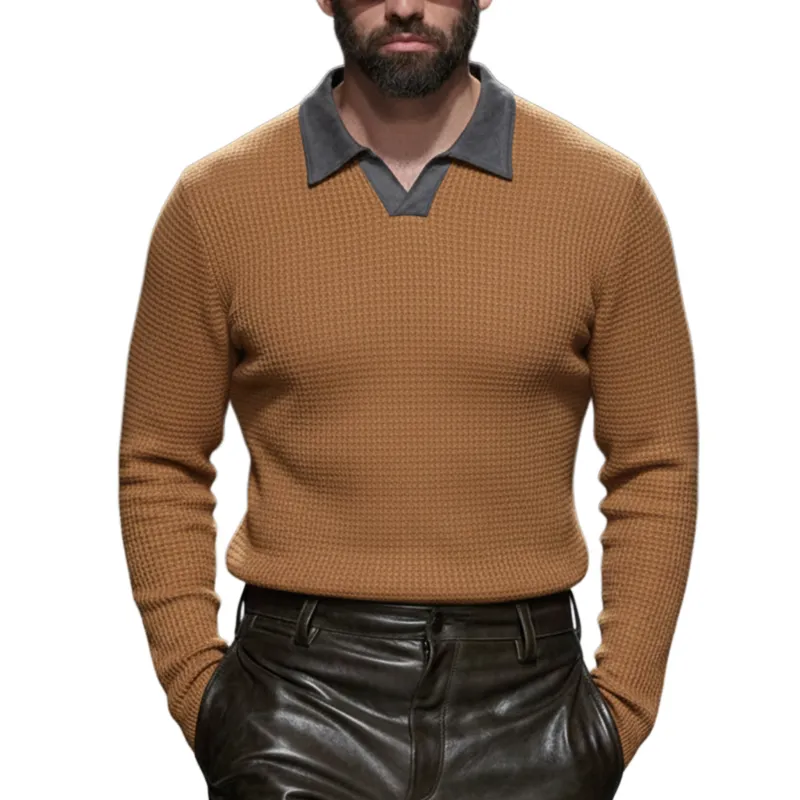 Men's Classic Casual Suede Collar And Waffle Long-sleeved Polo Shirt MTA2878K9K sold by Manly