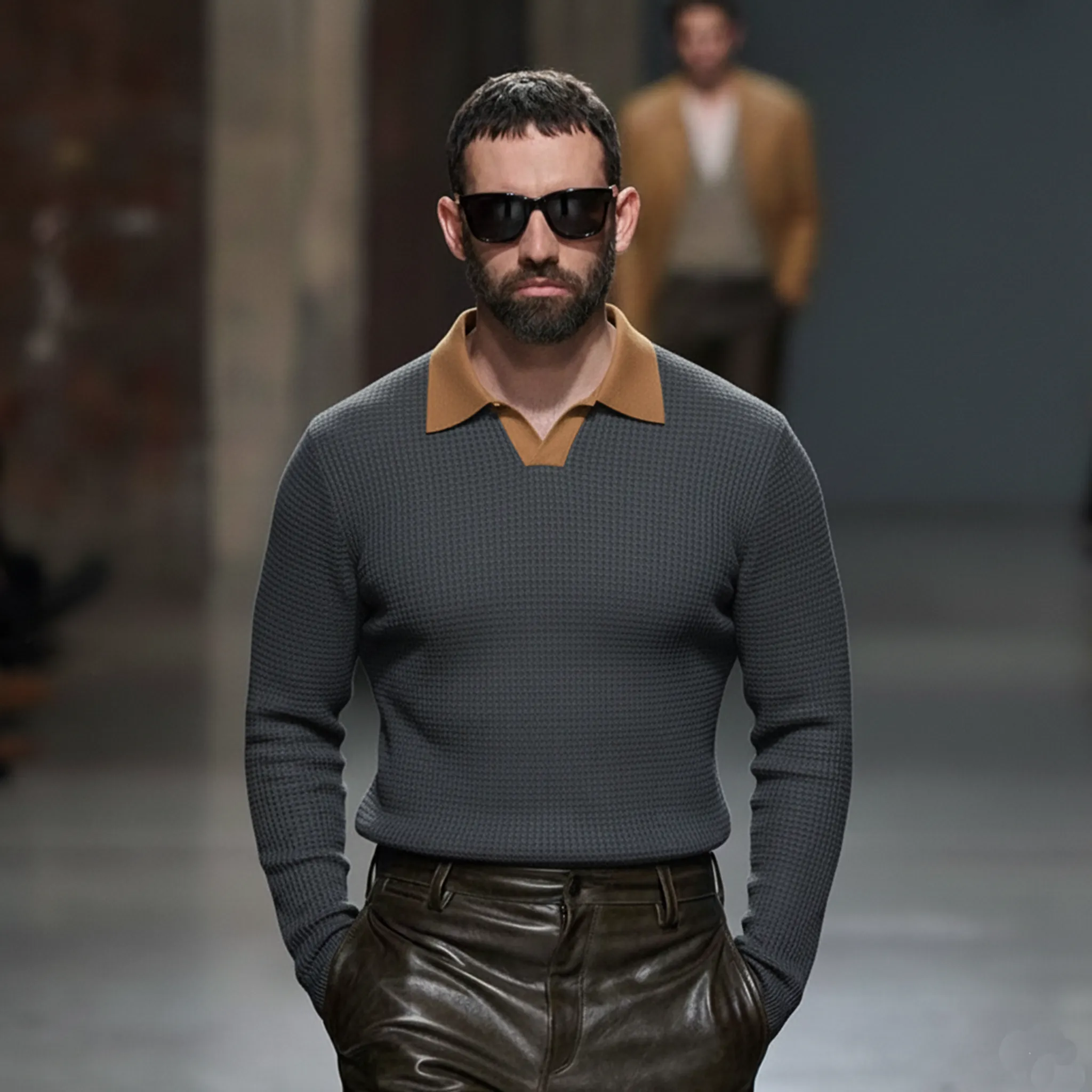 Men's Classic Casual Suede Collar And Waffle Long-sleeved Polo Shirt MTA2878K9K sold by Manly product image thumbnail 2