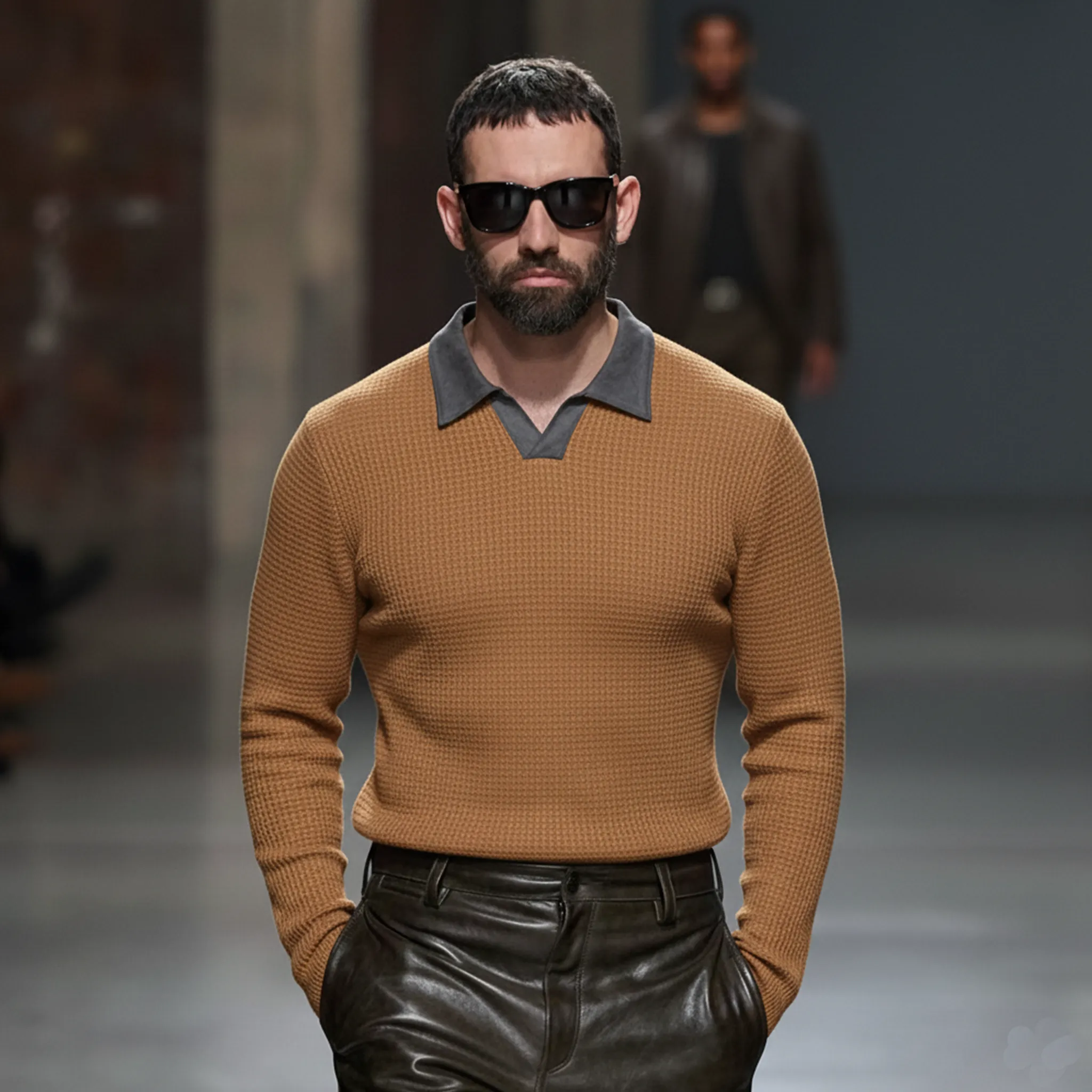 Men's Classic Casual Suede Collar And Waffle Long-sleeved Polo Shirt MTA2878K9K sold by Manly product image thumbnail 3