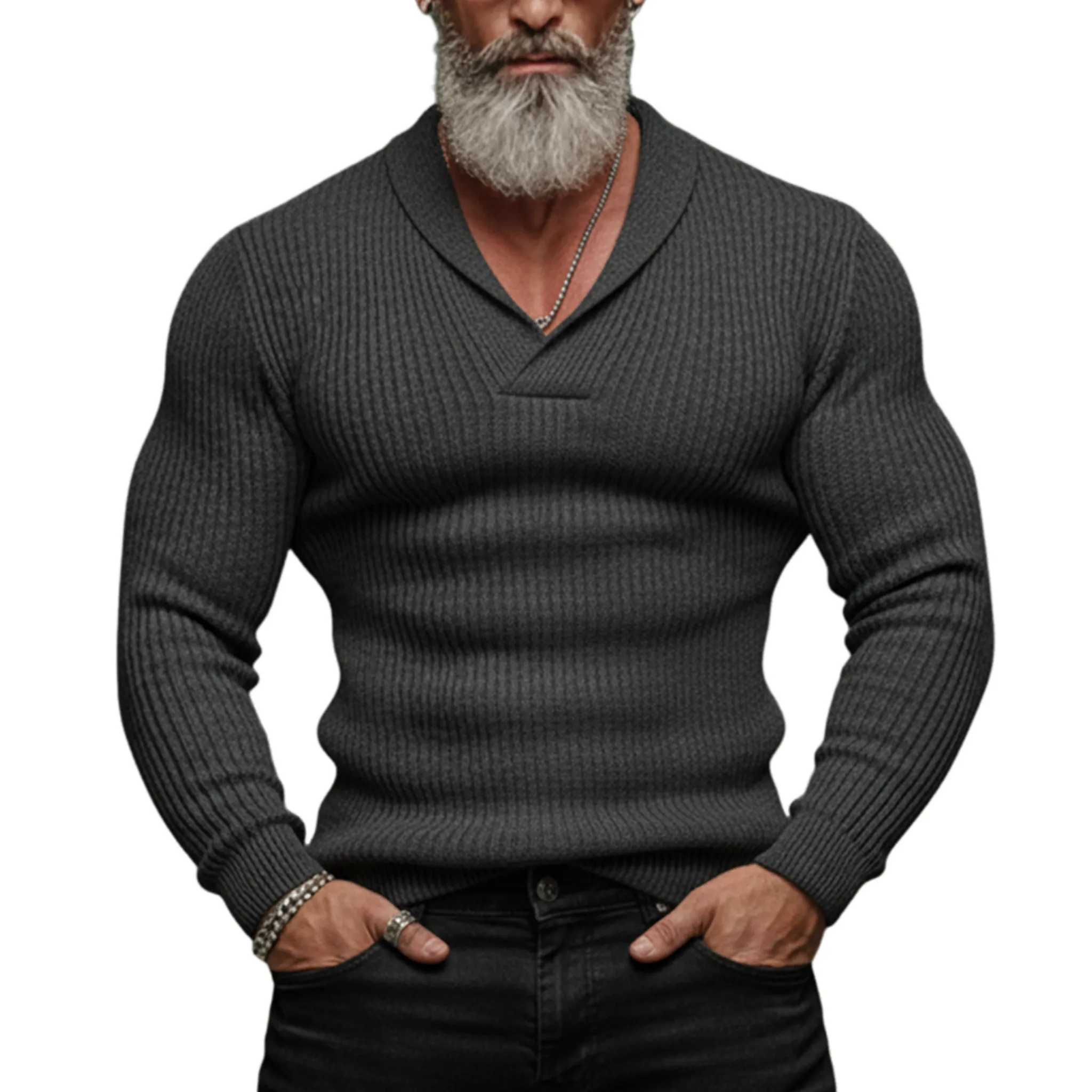 Men's Classic Retro Shawl V-neck Slim Fit Sweater MTA2834K9K sold by Manly