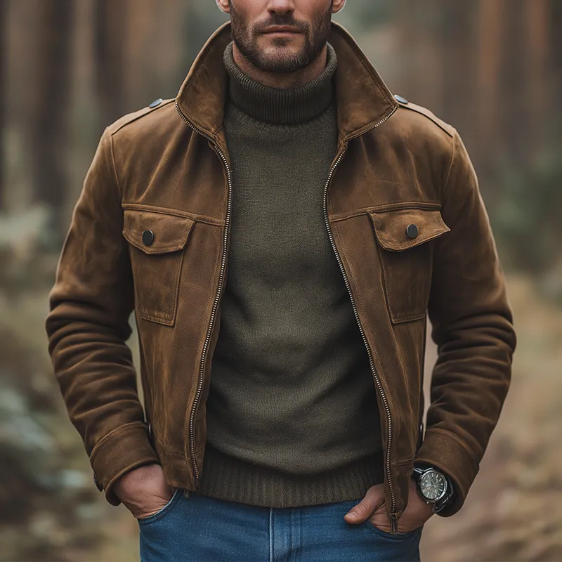 Men's Winter Retro Faux Suede Multi-Pocket Stand Collar Jacket MTA2743K3P sold by Manly product image thumbnail 2