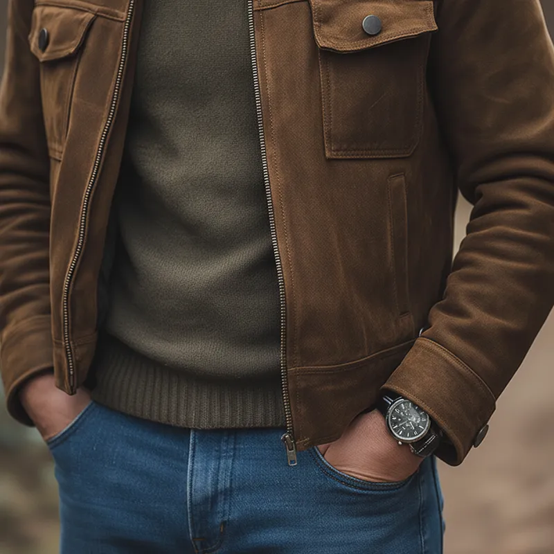 Men's Winter Retro Faux Suede Multi-Pocket Stand Collar Jacket MTA2743K3P sold by Manly product image thumbnail 5