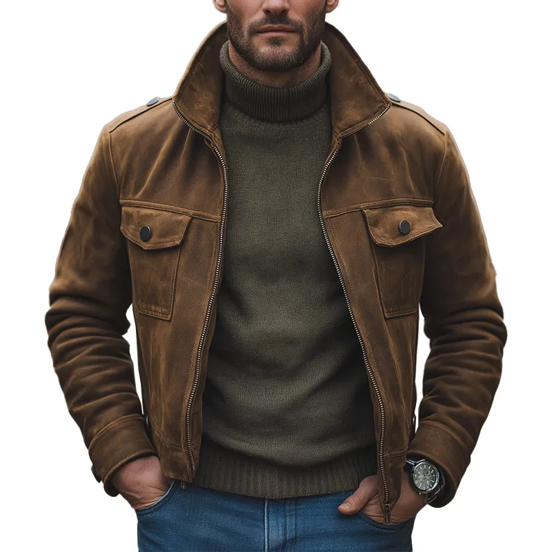 Men's Winter Retro Faux Suede Multi-Pocket Stand Collar Jacket MTA2743K3P sold by Manly