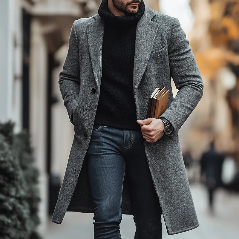 Men's Winter Retro Twill Faux Wool Button Mid-Length Coat MTA2842K1P sold by Manly product image thumbnail 2