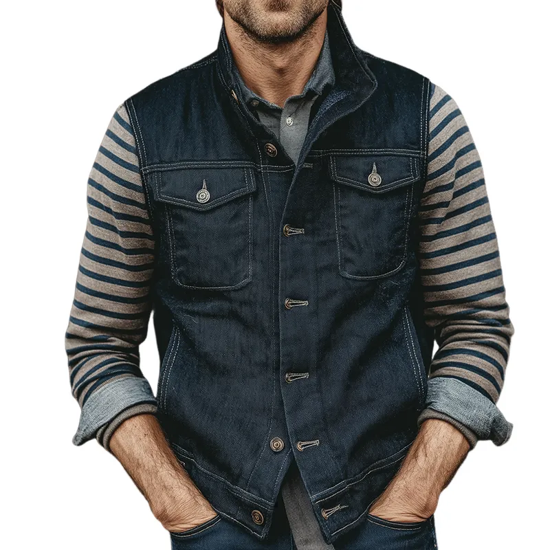 Men's Retro Casual Lapel Denim Washed Vest MTA2749K8TO sold by Manly