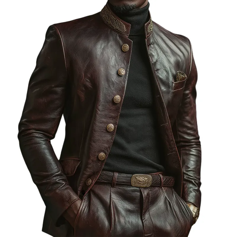 Men's Retro Casual PU Embroidered Stand Collar Leather Jacket MTA2763K0TO sold by Manly