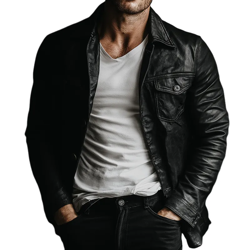 Men's Retro Casual PU Button-Up Lapel Leather Jacket MTA2712K5TO sold by Manly