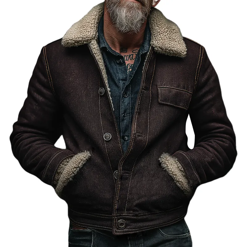 Men's Retro Casual Fur Collar Button Jacket MTA2645K8TO sold by Manly