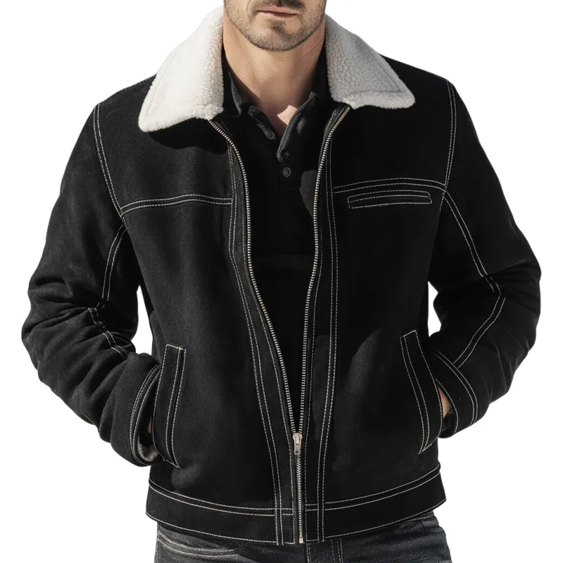 Men's Urban Black Suede Fleece Collar Zip-Up Jacket MTA2815K9U sold by Manly