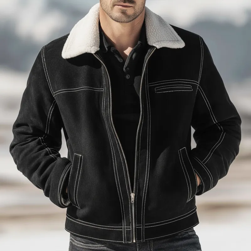 Men's Urban Black Suede Fleece Collar Zip-Up Jacket MTA2815K9U sold by Manly product image thumbnail 2