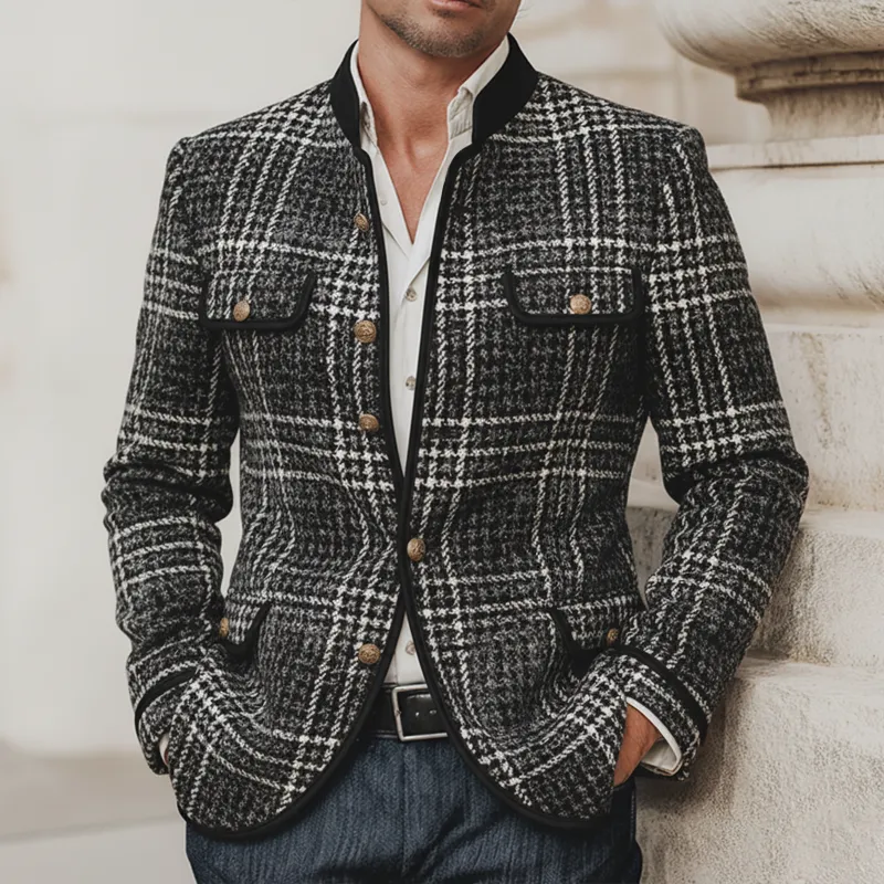 Men's Vintage Plaid Trim Faux Wool Stand-collar Slim-fit Jacket MTA2807K5U sold by Manly product image thumbnail 2