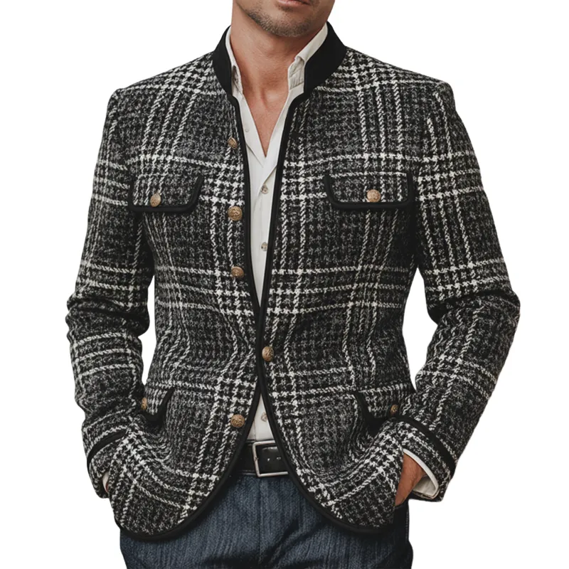 Men's Vintage Plaid Trim Faux Wool Stand-collar Slim-fit Jacket MTA2807K5U sold by Manly