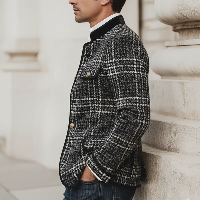 Men's Vintage Plaid Trim Faux Wool Stand-collar Slim-fit Jacket MTA2807K5U sold by Manly product image thumbnail 3