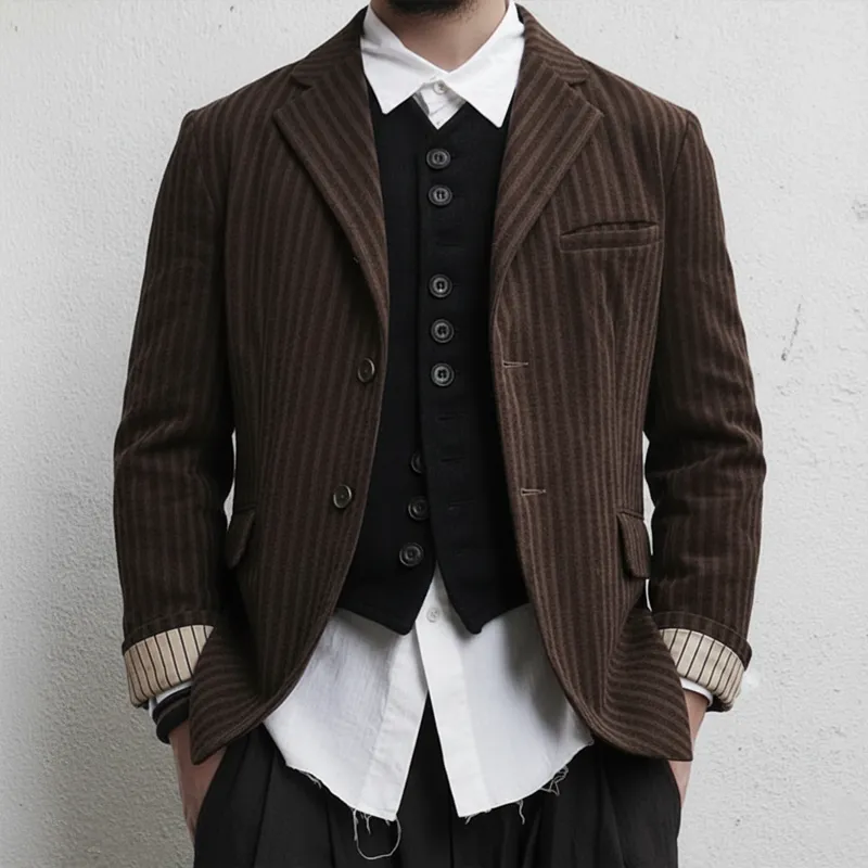 Men's Retro Brown Striped Two-Button Faux Wool Single-Slit Blazer MTA2836K8U sold by Manly product image thumbnail 2