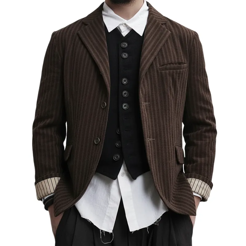 Men's Retro Brown Striped Two-Button Faux Wool Single-Slit Blazer MTA2836K8U sold by Manly