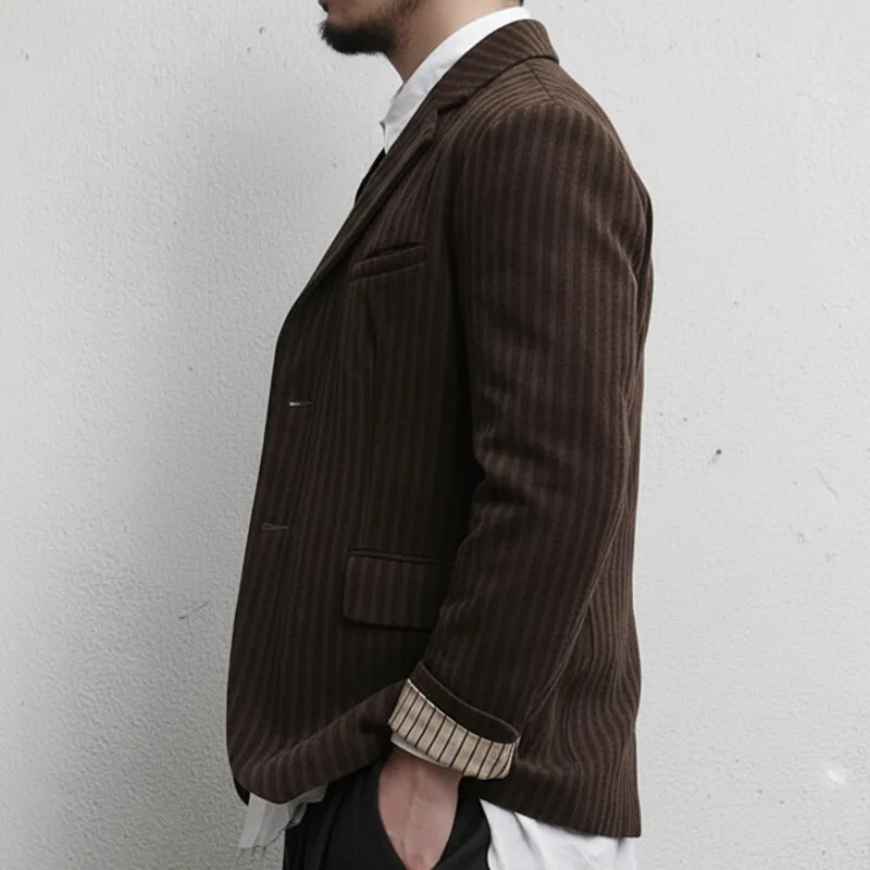 Men's Retro Brown Striped Two-Button Faux Wool Single-Slit Blazer MTA2836K8U sold by Manly product image thumbnail 3