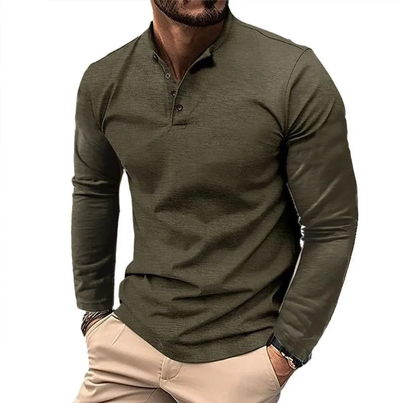 Men's Casual Henley Collar Solid Long Sleeve T-Shirt 54603590Y sold by Manly
