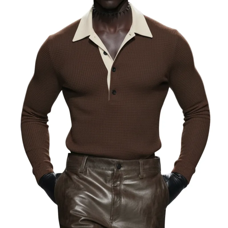 Men's Classic Casual Faux Suede And Waffle-knit Patchwork Slim-fit Long-sleeved Polo Shirt MTA0897L2K sold by Manly