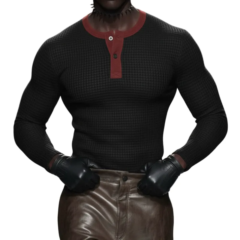 Men's Classic Casual Faux SUede Fabric Henley Neck Patchwork Waffle Knit Slim-fit Long-sleeved T-shirt MTA0832L4K sold by Manly