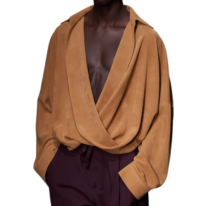 Men's Vintage-style Sexy Deep V-neck Faux Suede Long-sleeved Shirt MTA0803L4K sold by Manly