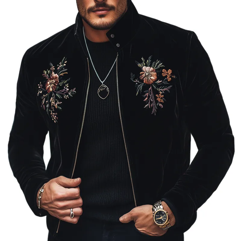 Men's Vintage Floral Embroidered Stand-collar Velvet Zip-up Jacket MTA0852L0U sold by Manly