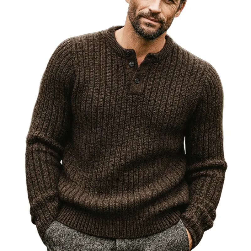 Men's Vintage Brown Three-button Henley Neck Striped Knitted Sweater MTA0844L1U sold by Manly
